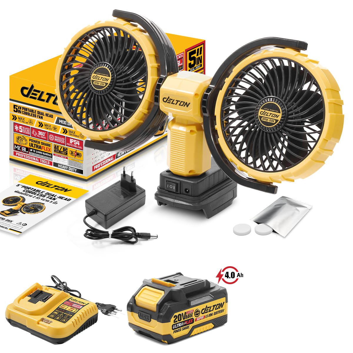 พัดลมไร้สาย 2 หัว 5 นิ้ว (พร้อมแบตเตอรี่) DELTON รุ่น DFM-09X ULTRAFLEX 20V 4AH_1